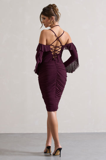 Quinn Dark Cherry Ruched Strappy Long-Sleeved Midi Dress With Ruffles